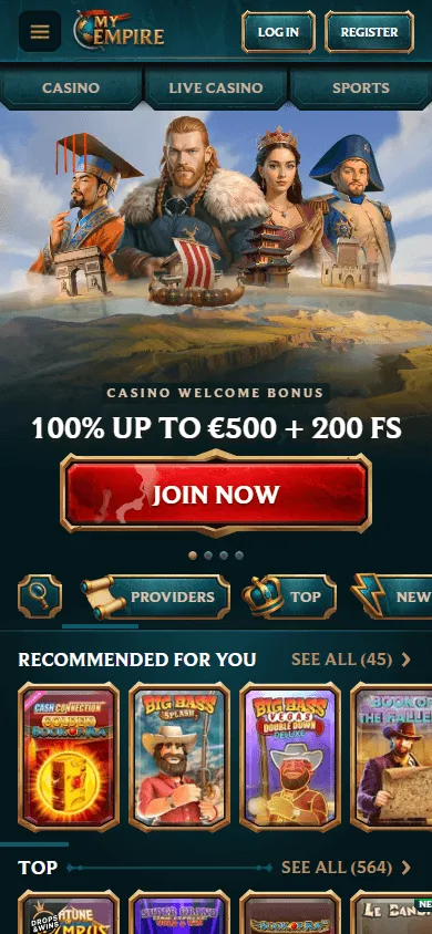 My Empire Casino mobile browser home screen on a smartphone