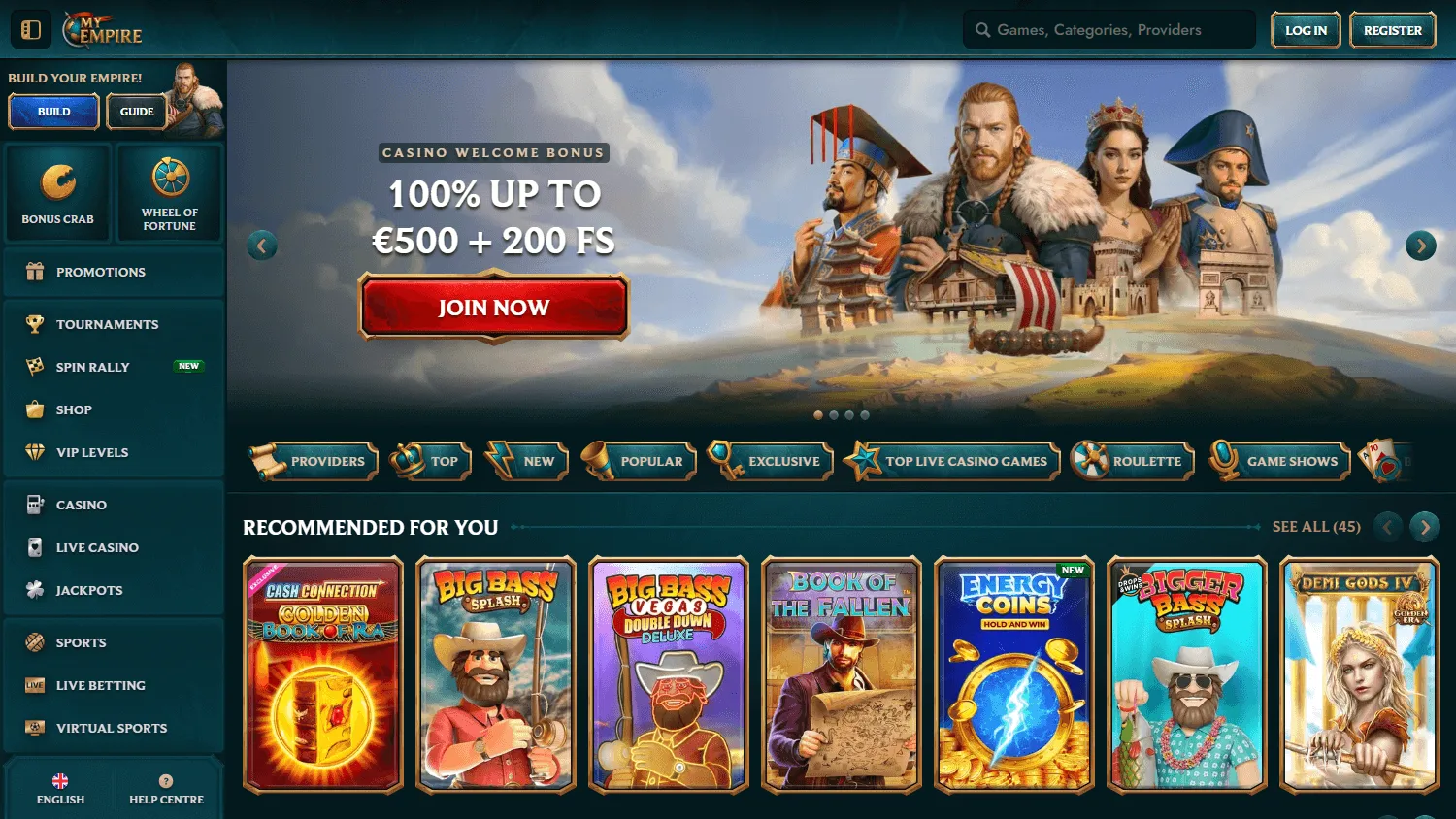 My Empire Casino desktop home screen with casino offer and account access