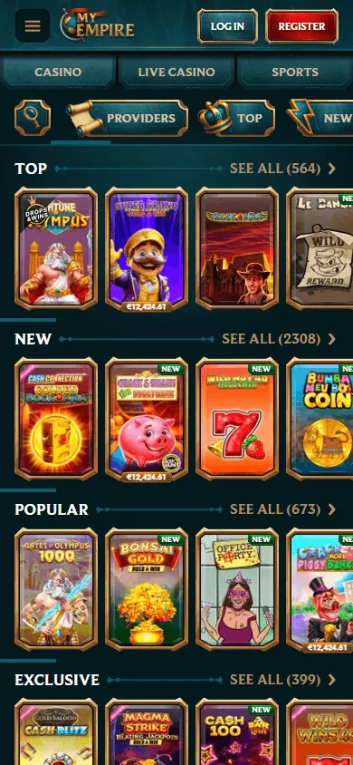 My Empire Casino mobile games area with casino categories