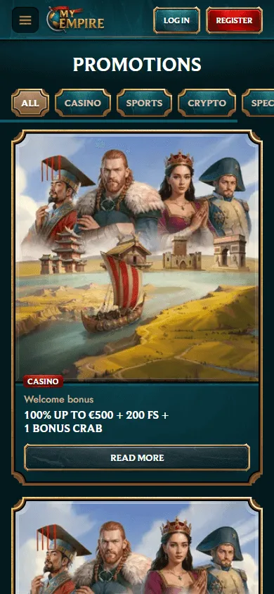 My Empire Casino mobile promotions area with casino offers