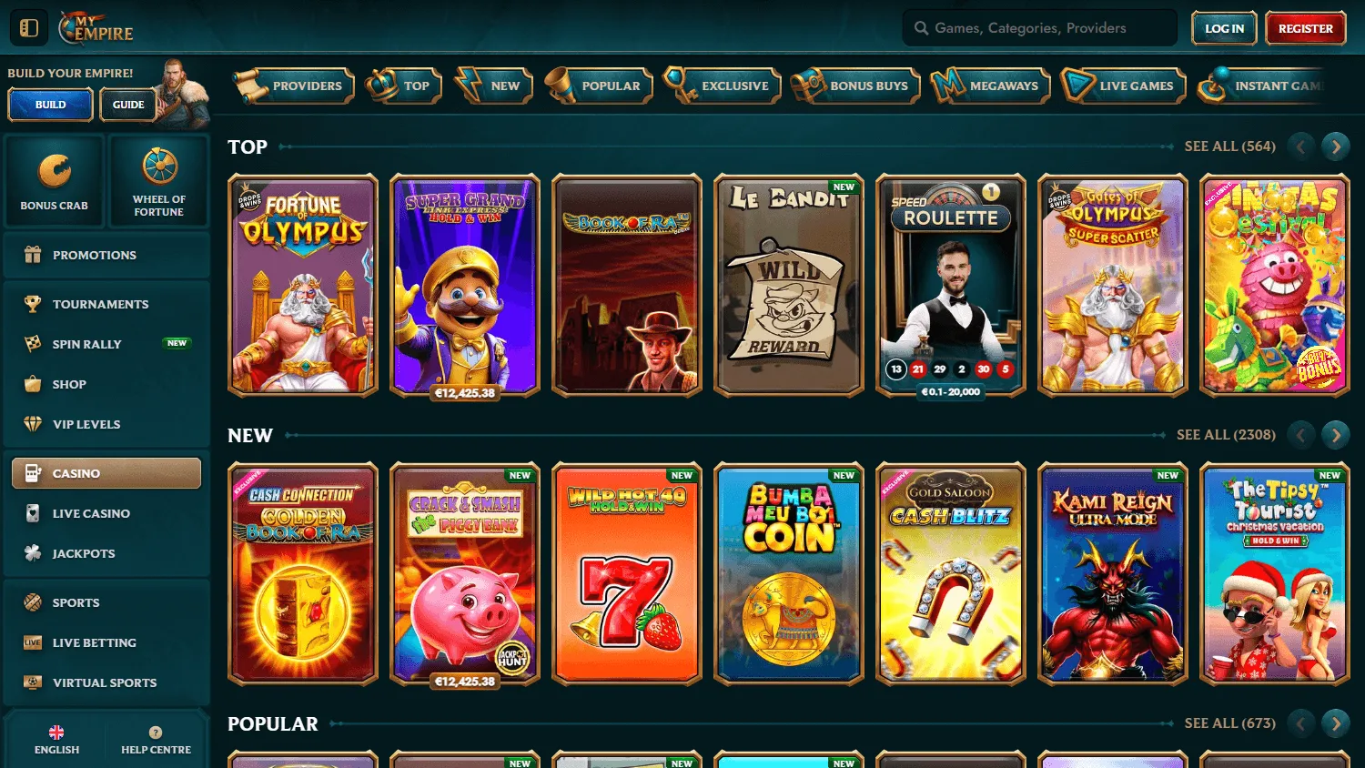 My Empire Casino desktop games area with casino categories and game choices