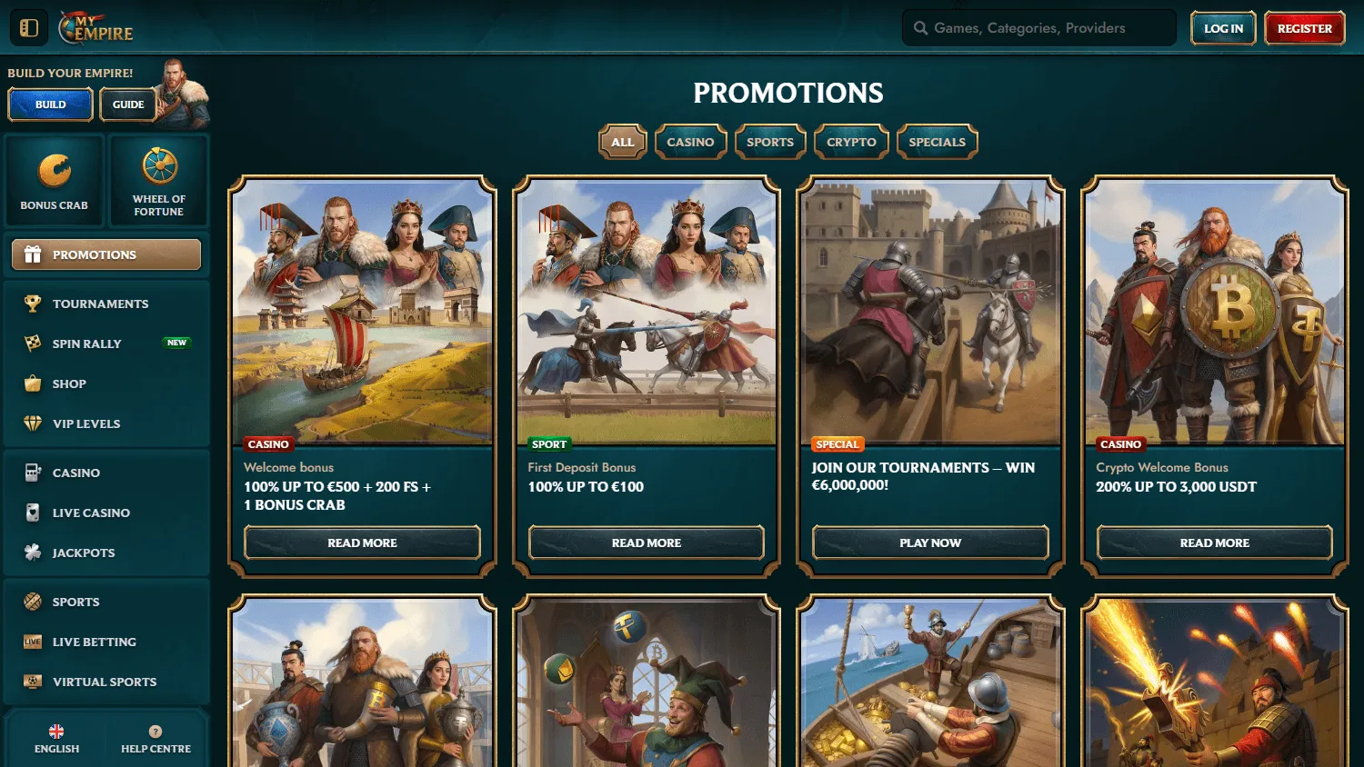 My Empire Casino desktop promotions area with welcome and reload offers